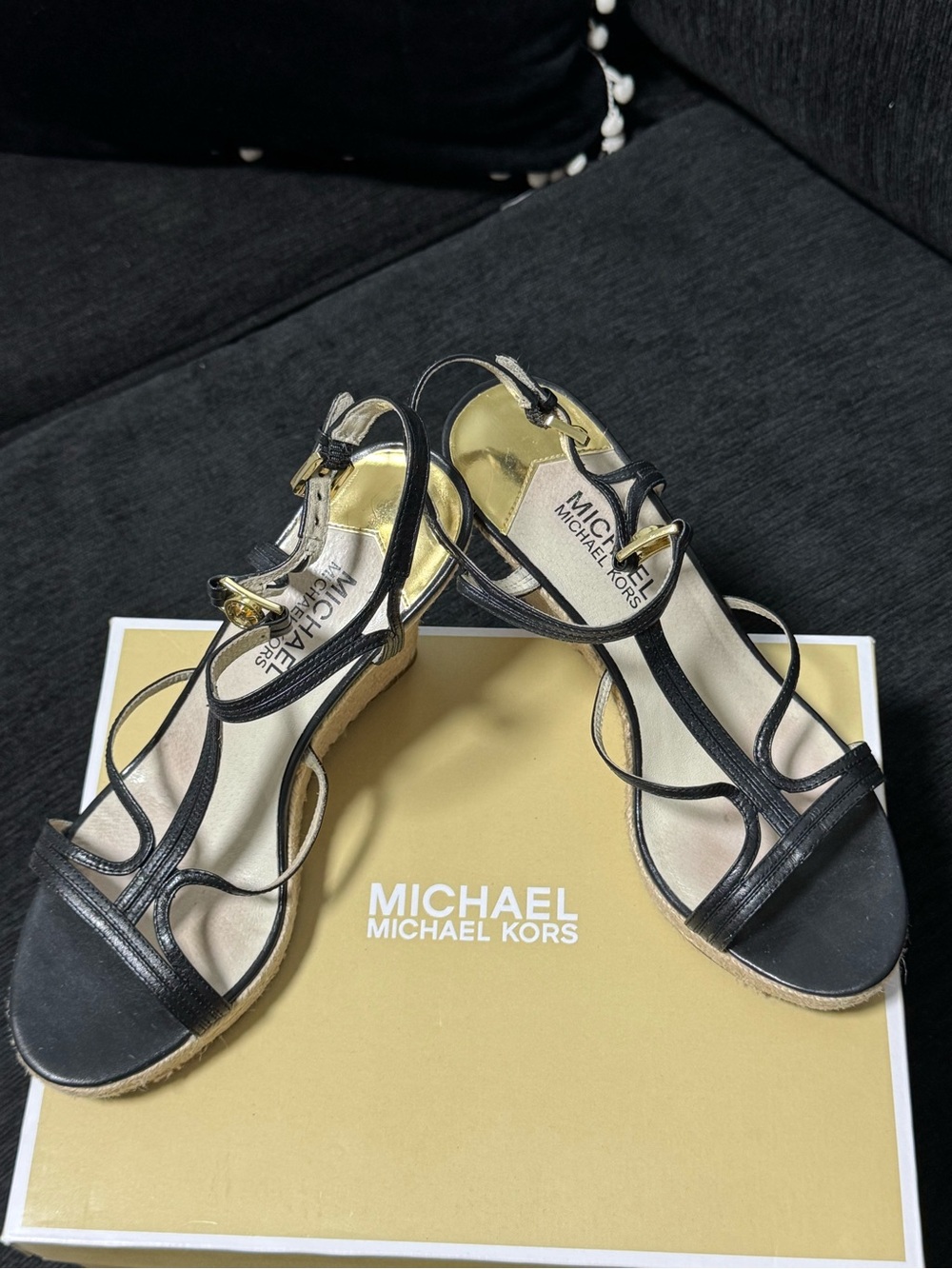 Michael Kors Black Leather Strappy Espadrille Wedges with Gold Accents